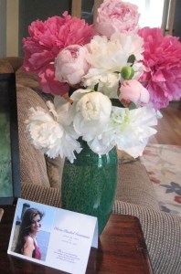Olivia's photo at our front door with peonies, which fittingly represent healing and life.